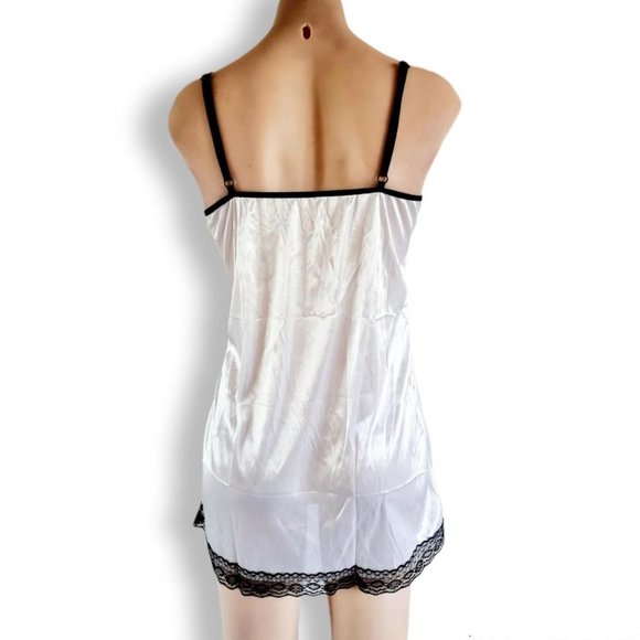 Y2k, white satin-look, transparent nighte / slip dress with black lace & ribbon - Picture 4 of 4